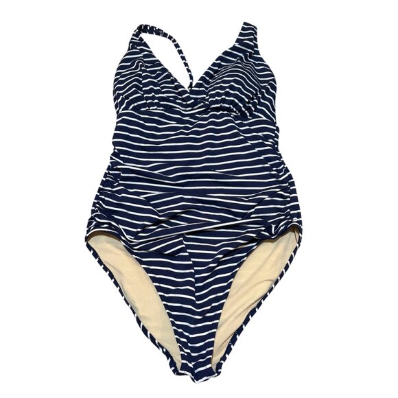 Garnet Hill Navy White Nautical Stripe One Piece Swimsuit - Picture 1 of 12